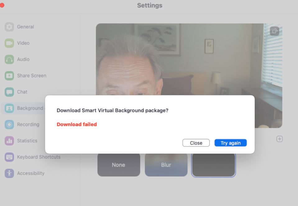 Zoom Smart Virtual Background Package Download Failed
